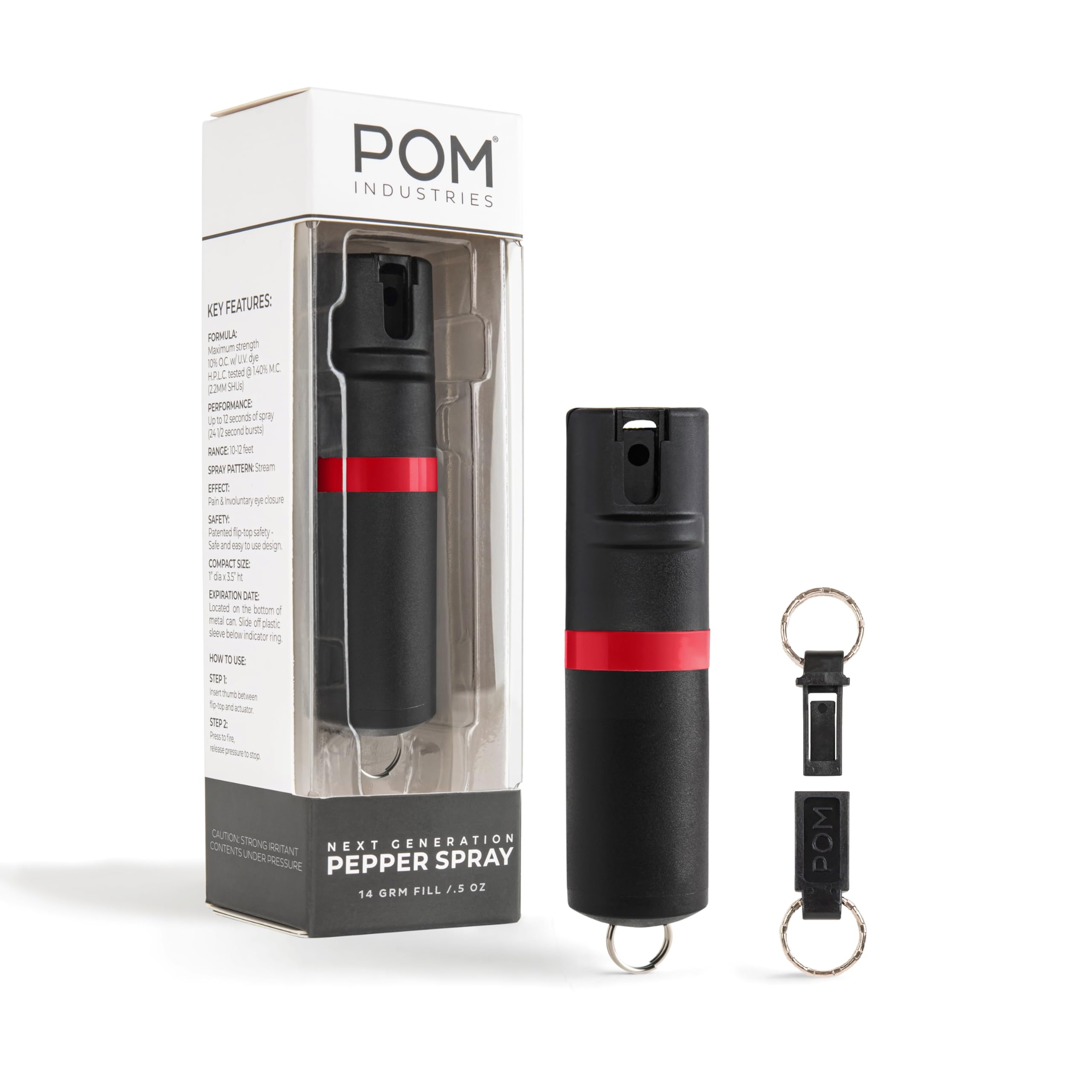 POM Premium Pepper Spray Keychain, Quick Release Access Flip Top Safety, Police Grade OC Formula with UV Marking Dye, 25 Precision Bursts, 10 Foot Effective Range, Made in USA