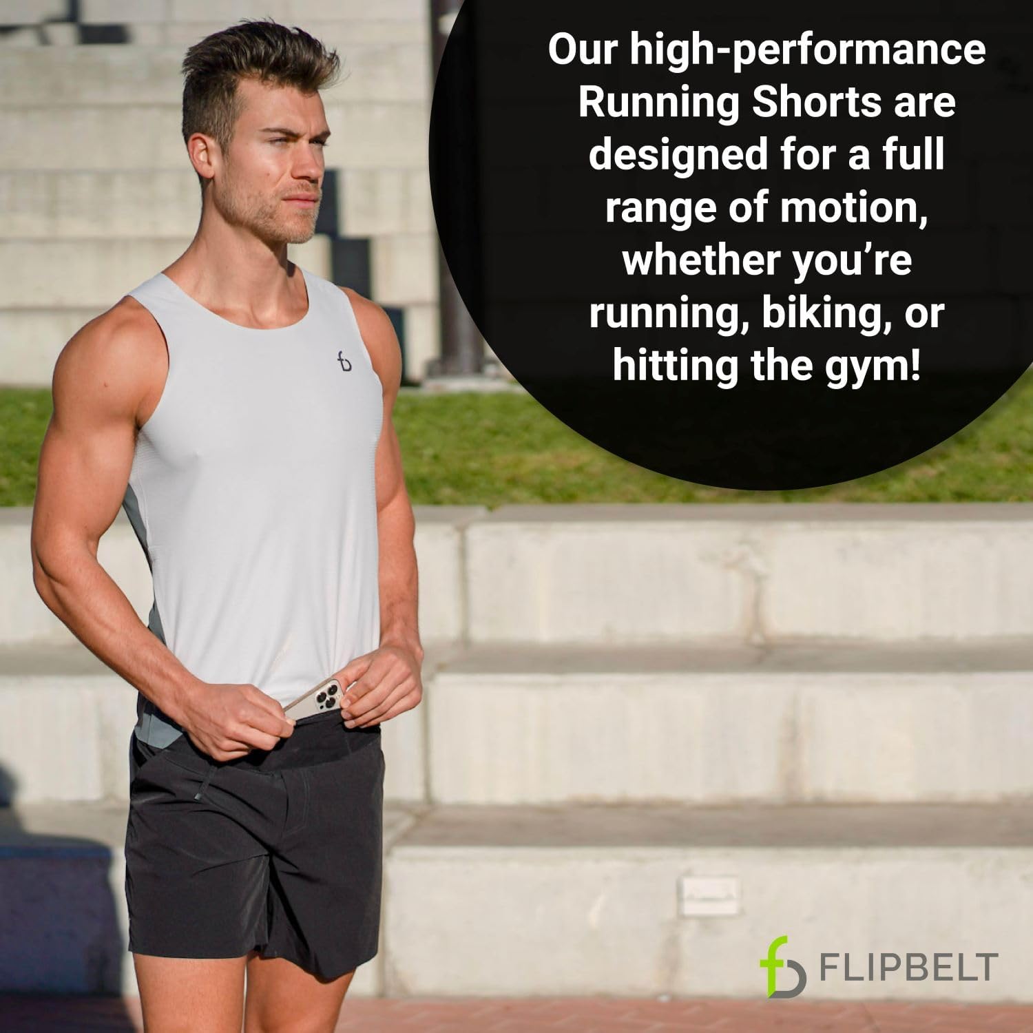 FlipBelt Black Athletic Running Shorts for Men, with Reflective Logo and Pockets, Integrated Air Belt Waistband, XS-XL