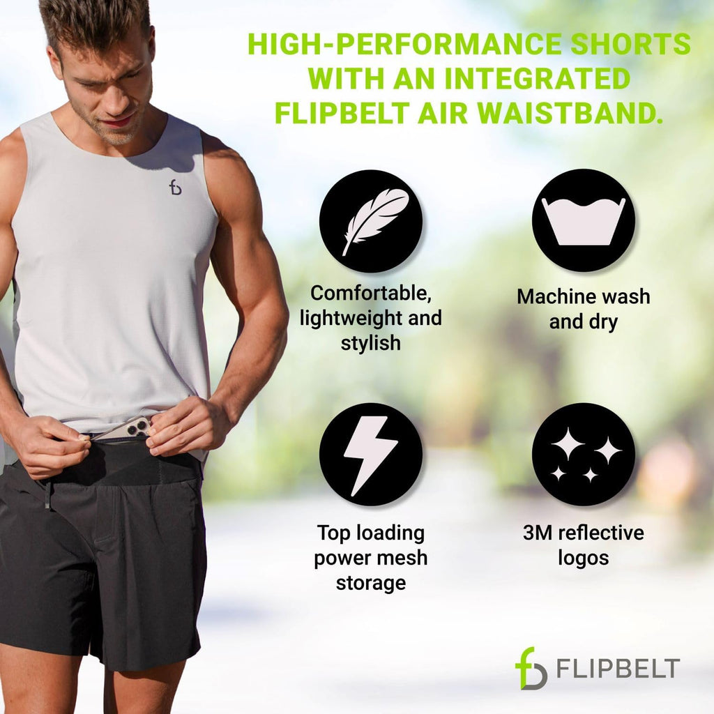 FlipBelt Black Athletic Running Shorts for Men, with Reflective Logo and Pockets, Integrated Air Belt Waistband, XS-XL