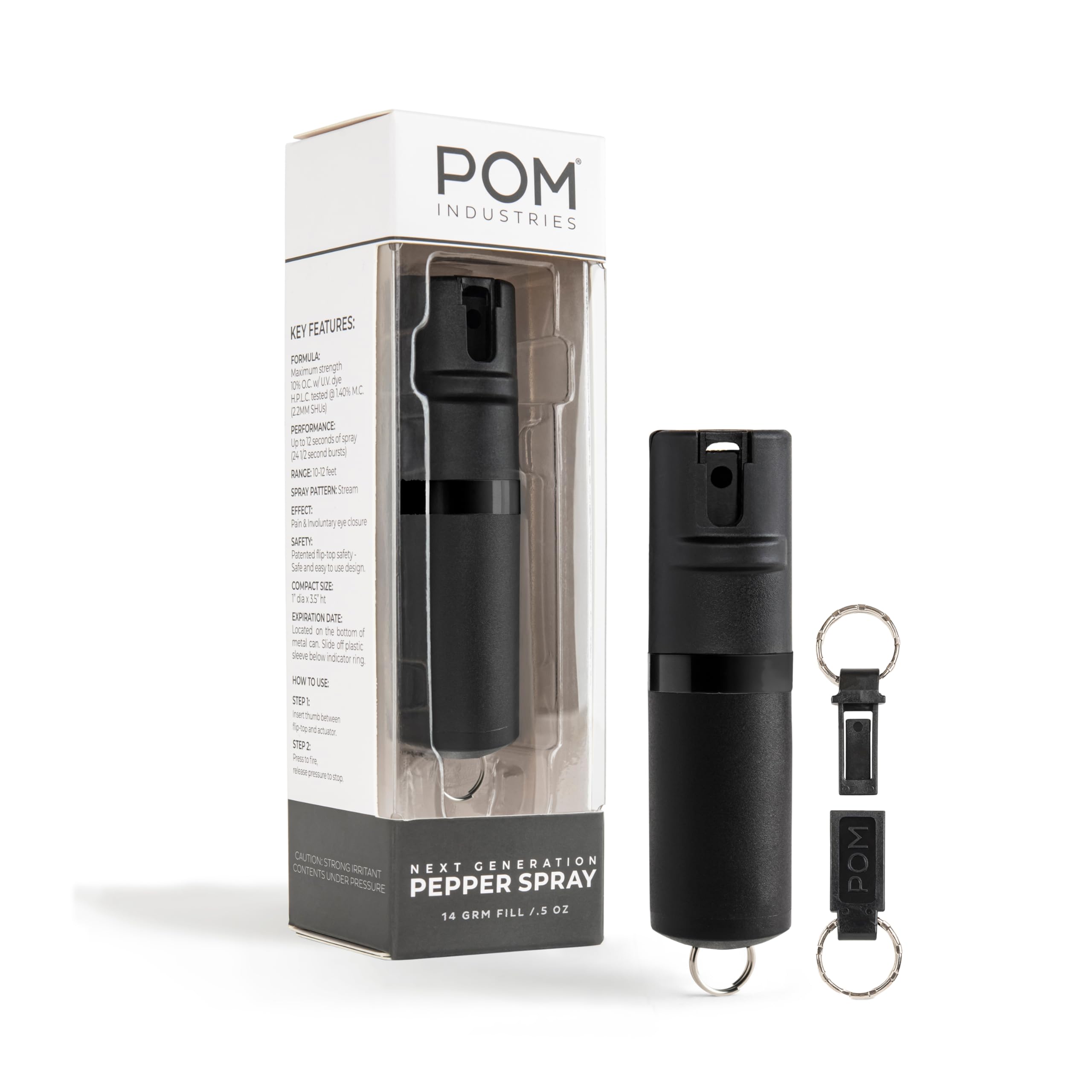 POM Premium Pepper Spray Keychain, Quick Release Access Flip Top Safety, Police Grade OC Formula with UV Marking Dye, 25 Precision Bursts, 10 Foot Effective Range, Made in USA