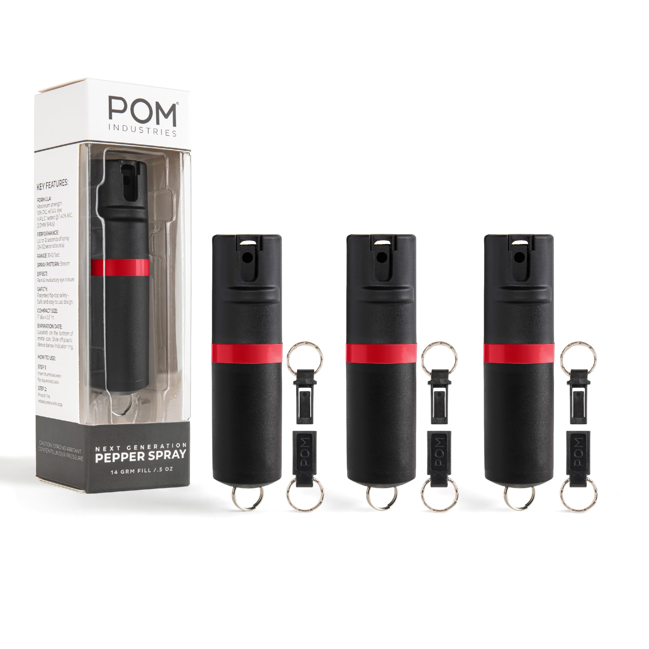 POM Premium Pepper Spray Keychain, Quick Release Access Flip Top Safety, Police Grade OC Formula with UV Marking Dye, 25 Precision Bursts, 10 Foot Effective Range, Made in USA