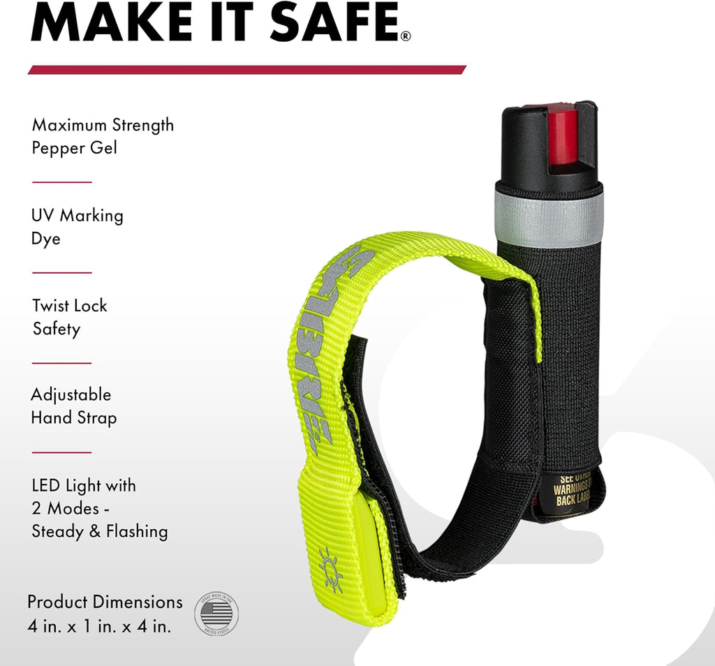 SABRE Runner Pepper Gel for Self Defense with Adjustable LED Hand Strap for Running, Always On or Flashing Light, Ambidextrous Fit, Max Strength 35 Bursts, Protect Against Multiple Threats, 0.67 fl oz