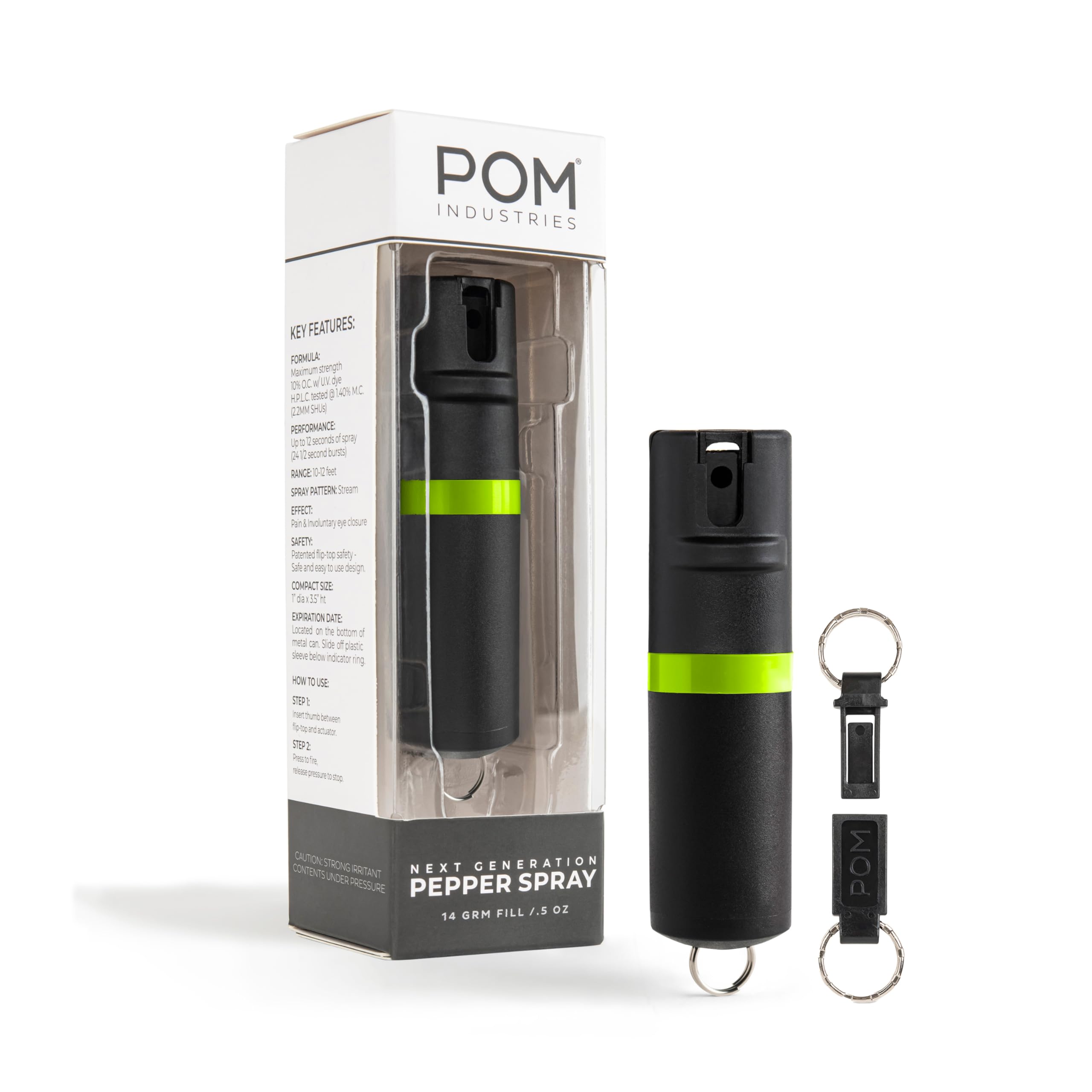 POM Premium Pepper Spray Keychain, Quick Release Access Flip Top Safety, Police Grade OC Formula with UV Marking Dye, 25 Precision Bursts, 10 Foot Effective Range, Made in USA