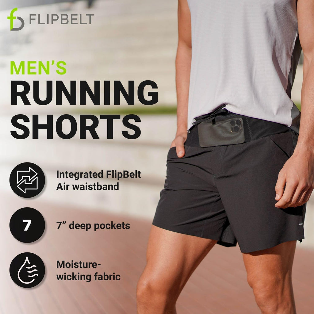FlipBelt Black Athletic Running Shorts for Men, with Reflective Logo and Pockets, Integrated Air Belt Waistband, XS-XL