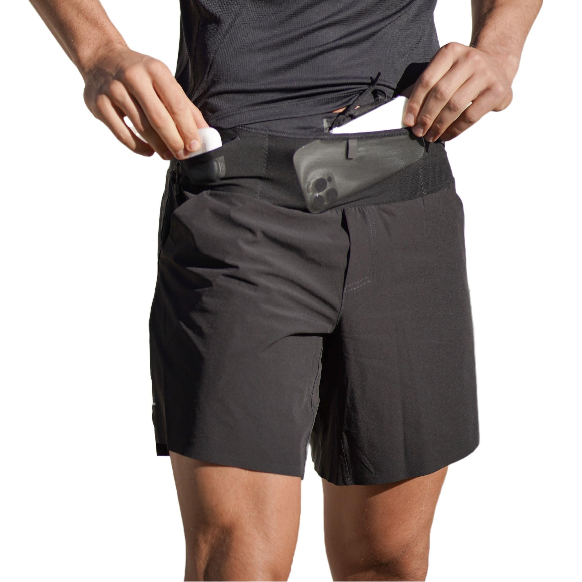 FlipBelt Black Athletic Running Shorts for Men, with Reflective Logo and Pockets, Integrated Air Belt Waistband, XS-XL