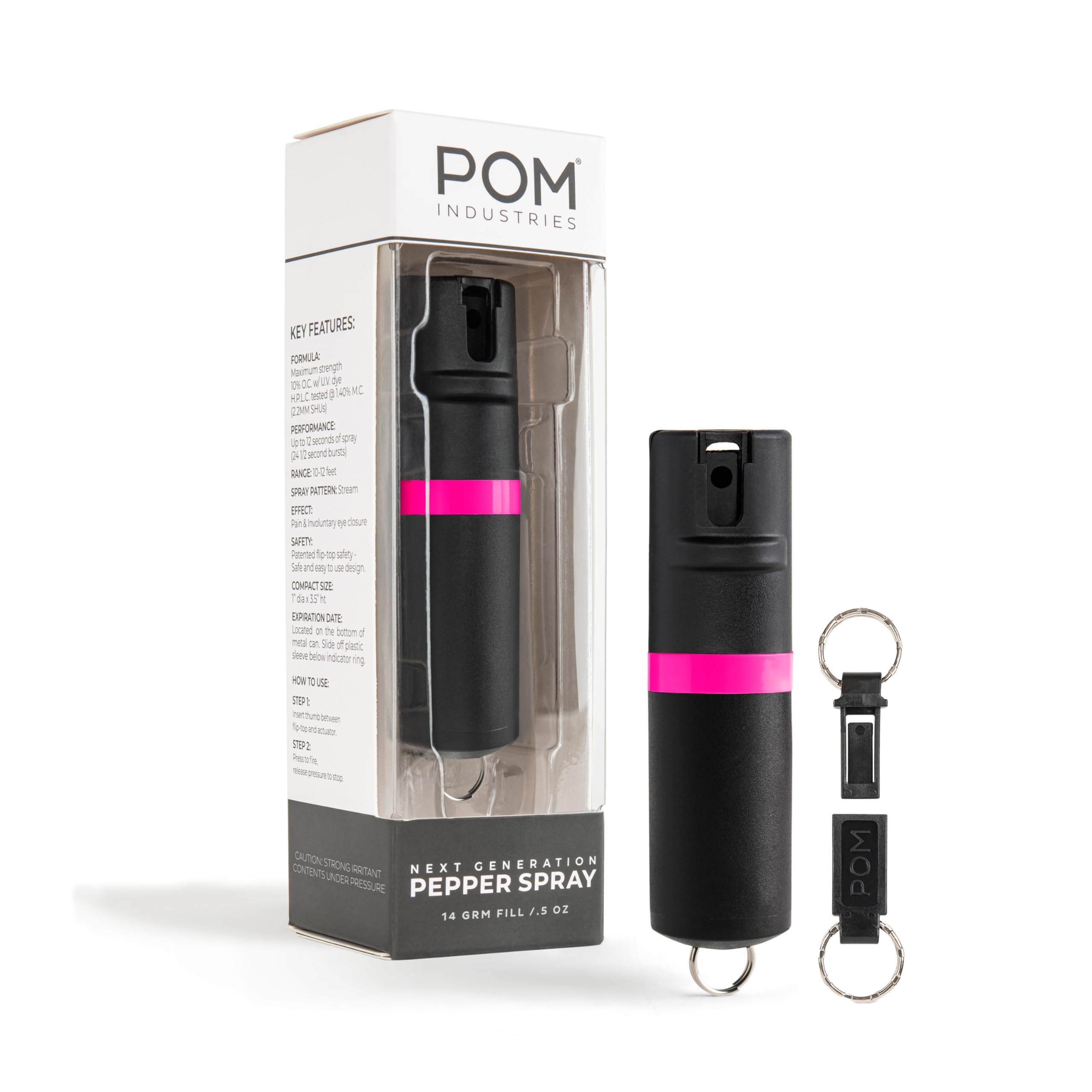 POM Premium Pepper Spray Keychain, Quick Release Access Flip Top Safety, Police Grade OC Formula with UV Marking Dye, 25 Precision Bursts, 10 Foot Effective Range, Made in USA