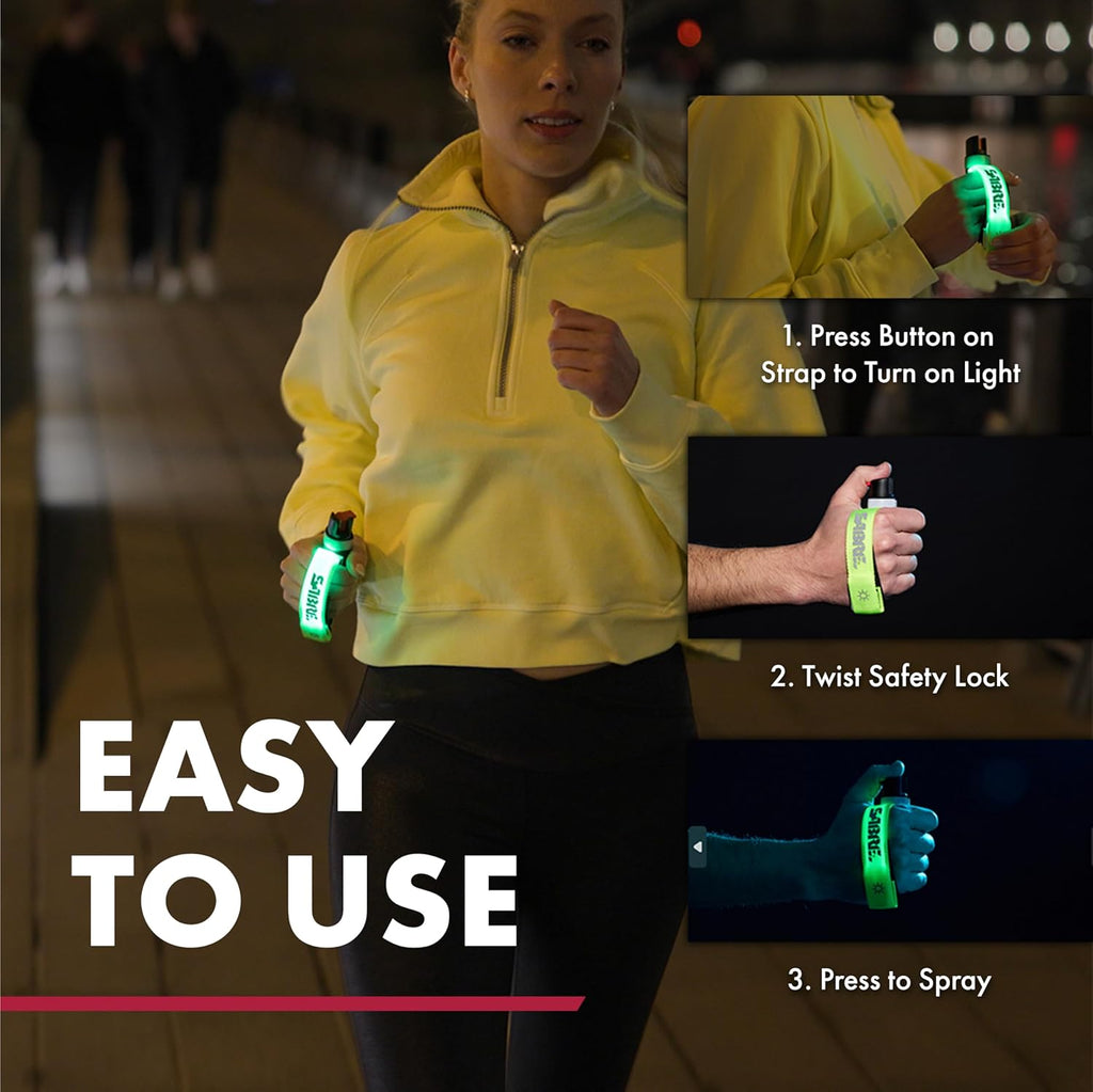 SABRE Runner Pepper Gel for Self Defense with Adjustable LED Hand Strap for Running, Always On or Flashing Light, Ambidextrous Fit, Max Strength 35 Bursts, Protect Against Multiple Threats, 0.67 fl oz