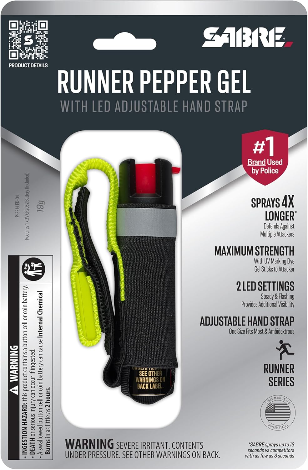 SABRE Runner Pepper Gel for Self Defense with Adjustable LED Hand Strap for Running, Always On or Flashing Light, Ambidextrous Fit, Max Strength 35 Bursts, Protect Against Multiple Threats, 0.67 fl oz
