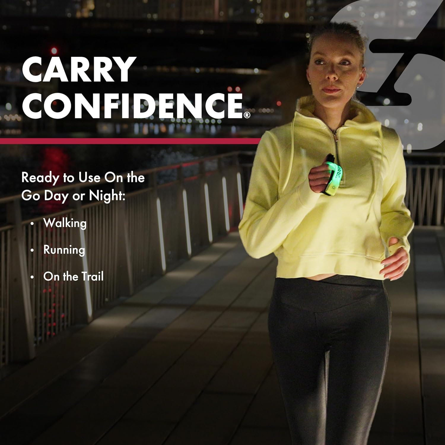 SABRE Runner Pepper Gel for Self Defense with Adjustable LED Hand Strap for Running, Always On or Flashing Light, Ambidextrous Fit, Max Strength 35 Bursts, Protect Against Multiple Threats, 0.67 fl oz