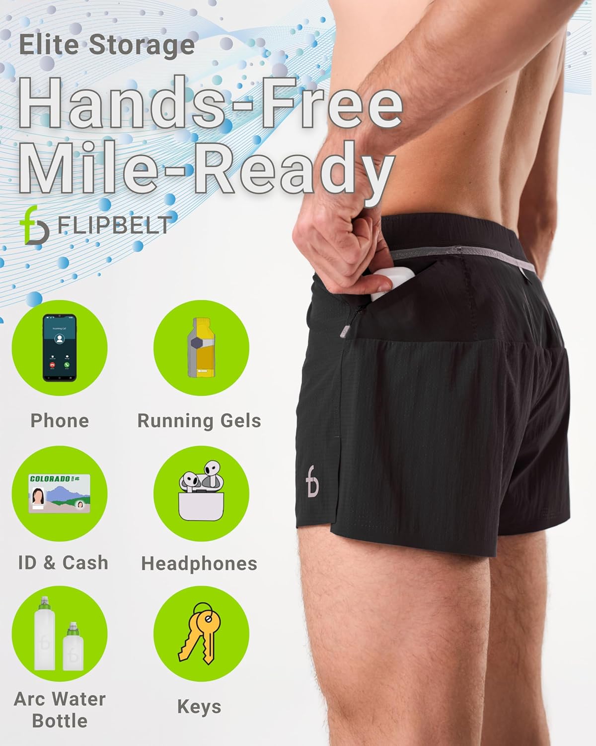 FlipBelt Black Athletic Elite Running Shorts for Men, Lightweight Moisture Wicking Exercise Shorts with Pockets, XS-XL