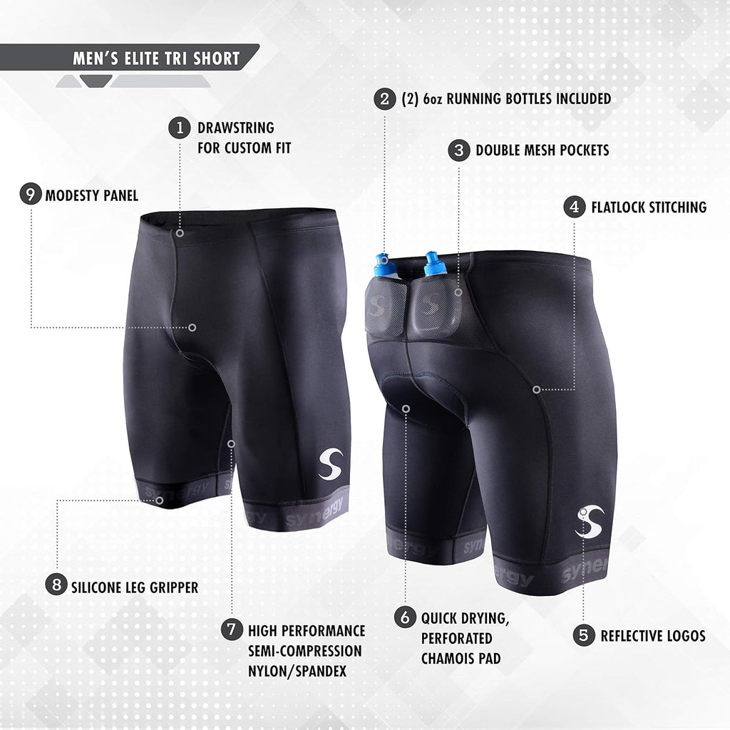 Synergy Men's Elite Tri Shorts with Mesh Pockets and Running Bottles