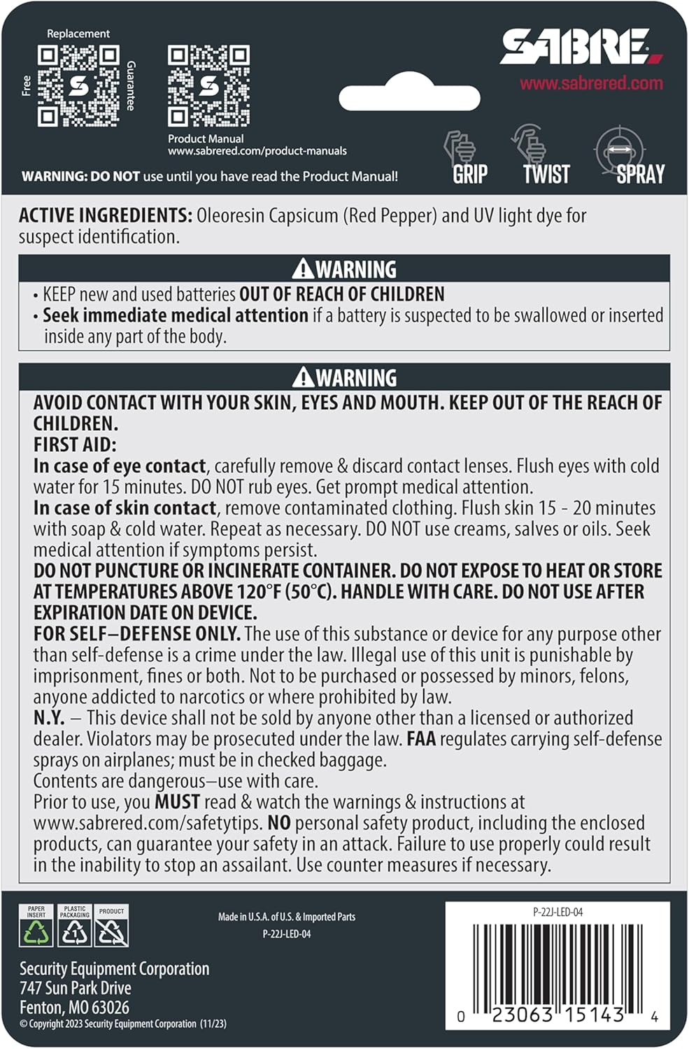 SABRE Runner Pepper Gel for Self Defense with Adjustable LED Hand Strap for Running, Always On or Flashing Light, Ambidextrous Fit, Max Strength 35 Bursts, Protect Against Multiple Threats, 0.67 fl oz